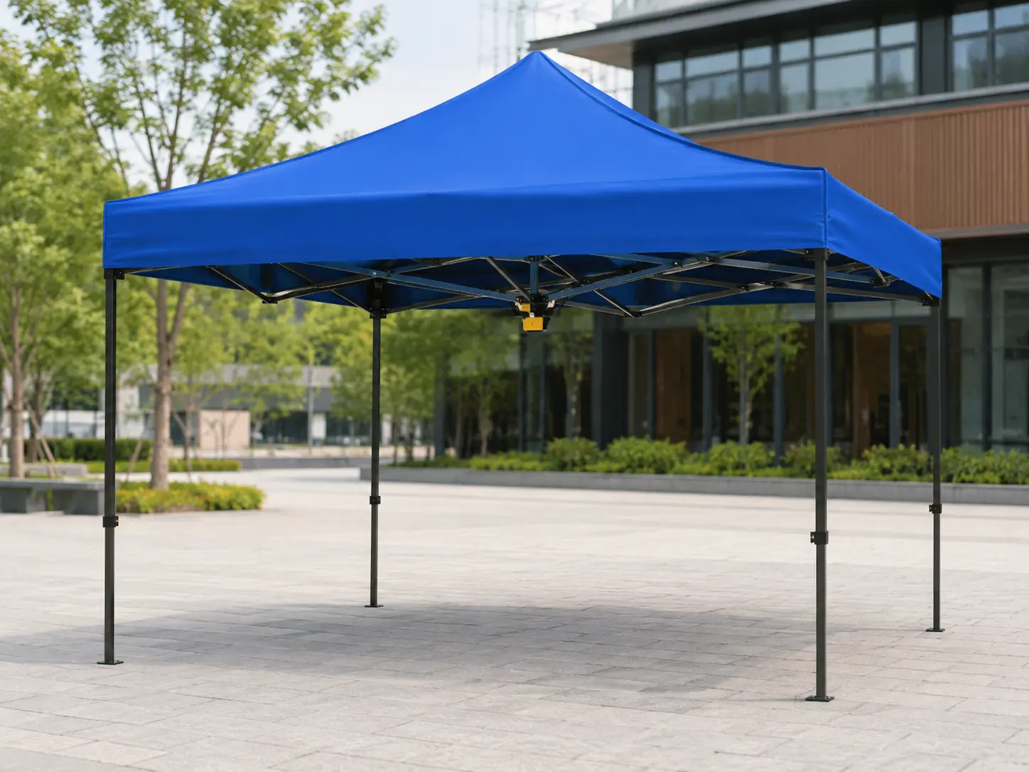 Blue automatic opening commercial pop-up canopy tent with realistic folding frame
