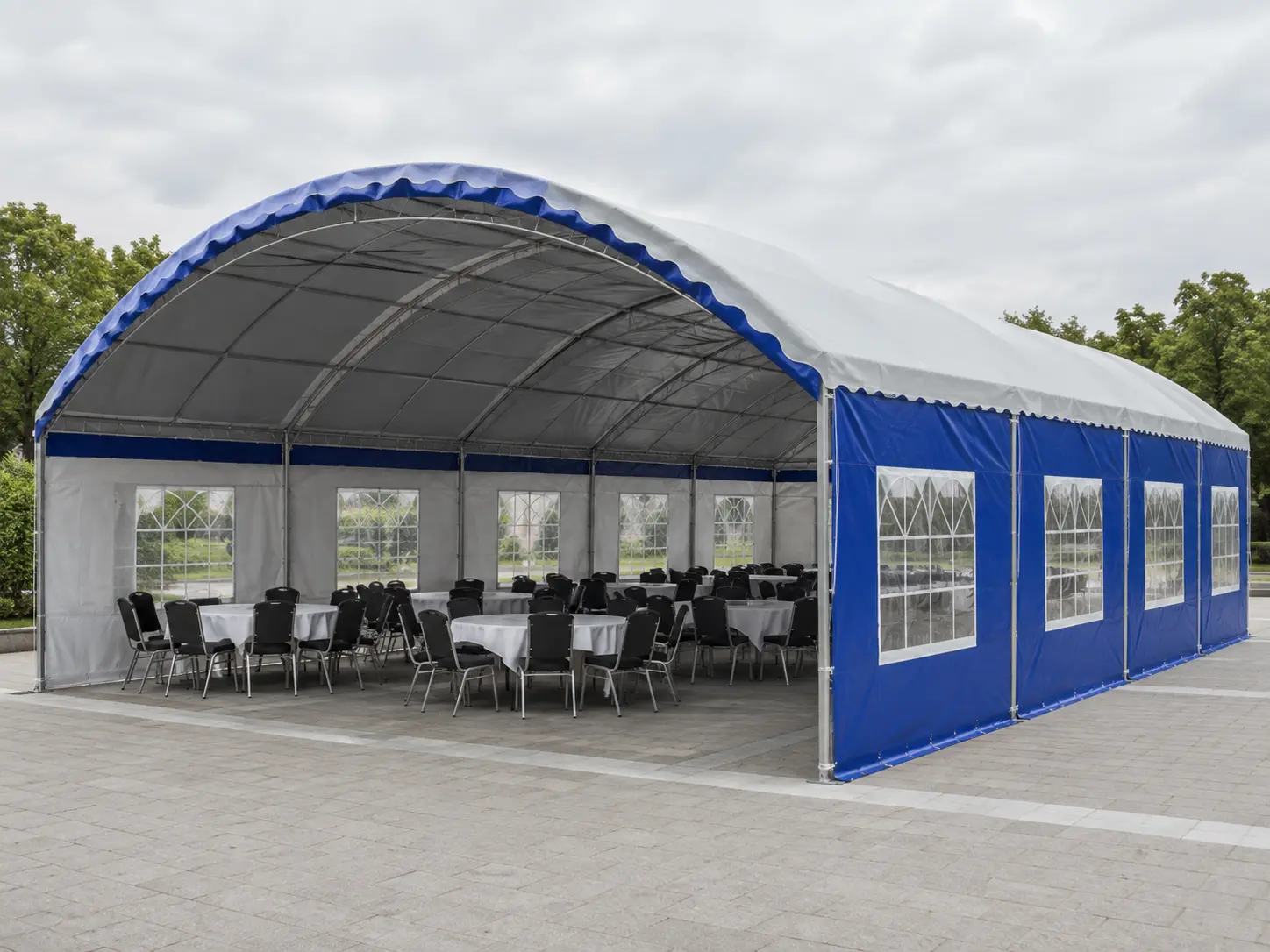 Realistic large red banquet event tent with galvanized arched frame and removable sidewalls