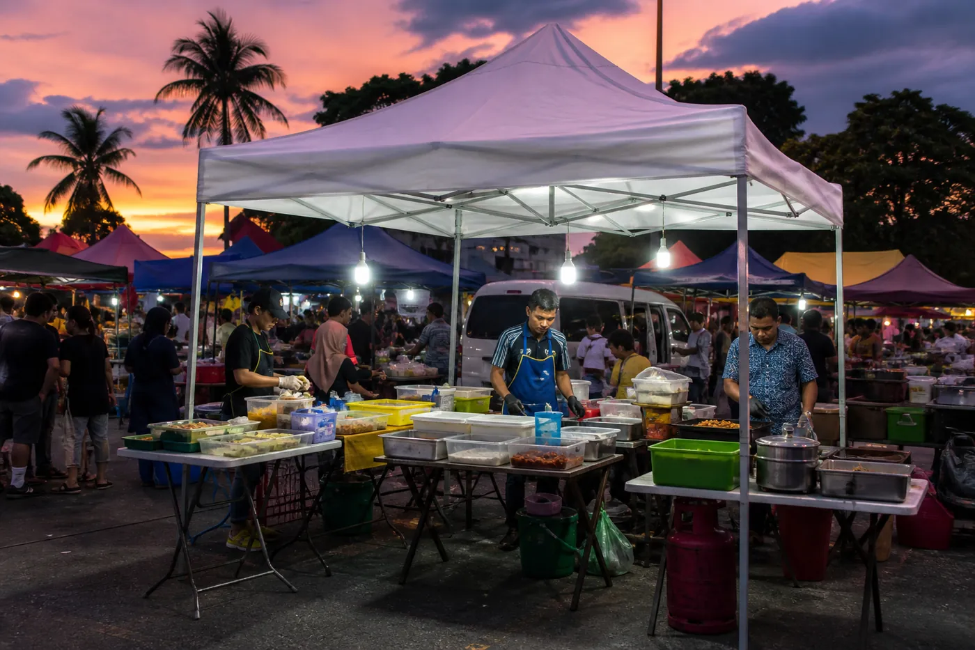 White pop-up canopy at dusk over folding tables of food containers, with hanging bulbs, palms and other market tents behind.