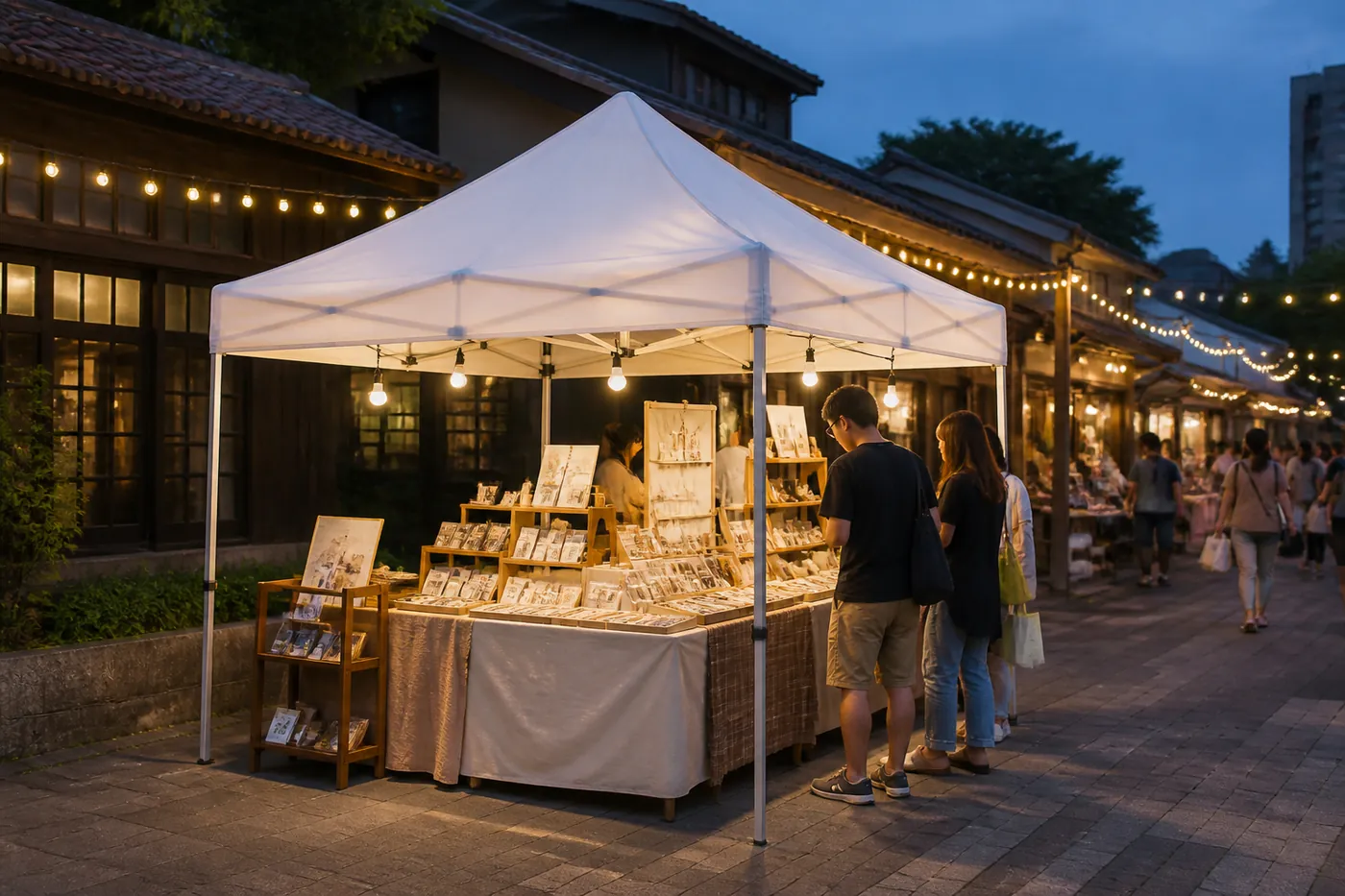 白色快開帳篷立於夜市廣場，帳內掛燈、桌上擺明信片與小物，後方是木造屋簷與燈串。