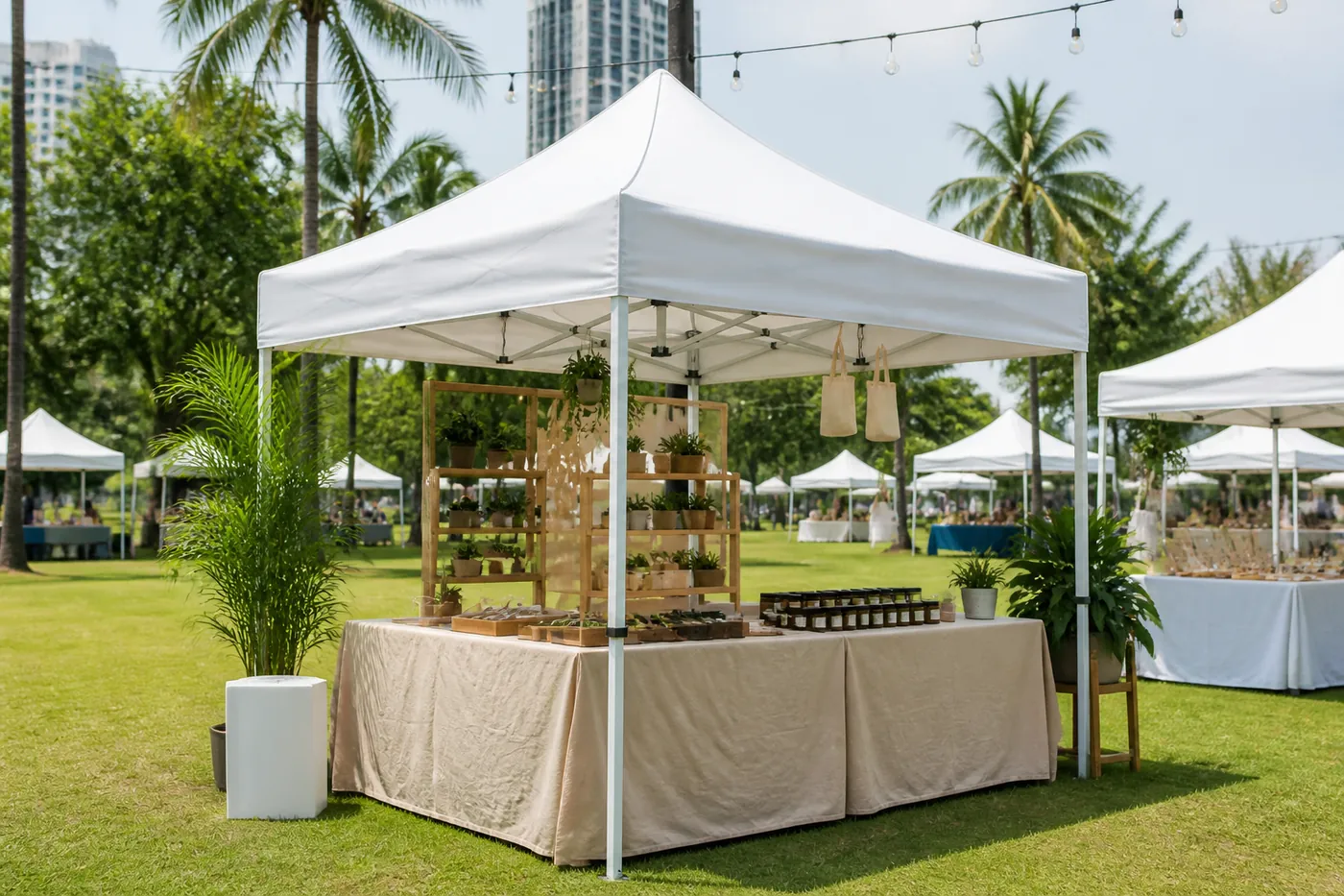 White pop-up canopy on a city lawn with a cloth-covered table of plants and jars, palms and other fair tents in the background.