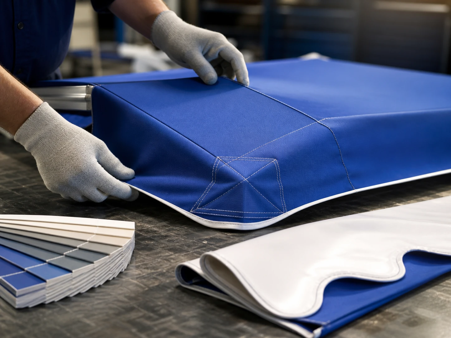 Gloved hands checking a blue canopy fabric panel with reinforced stitching on a production worktable.