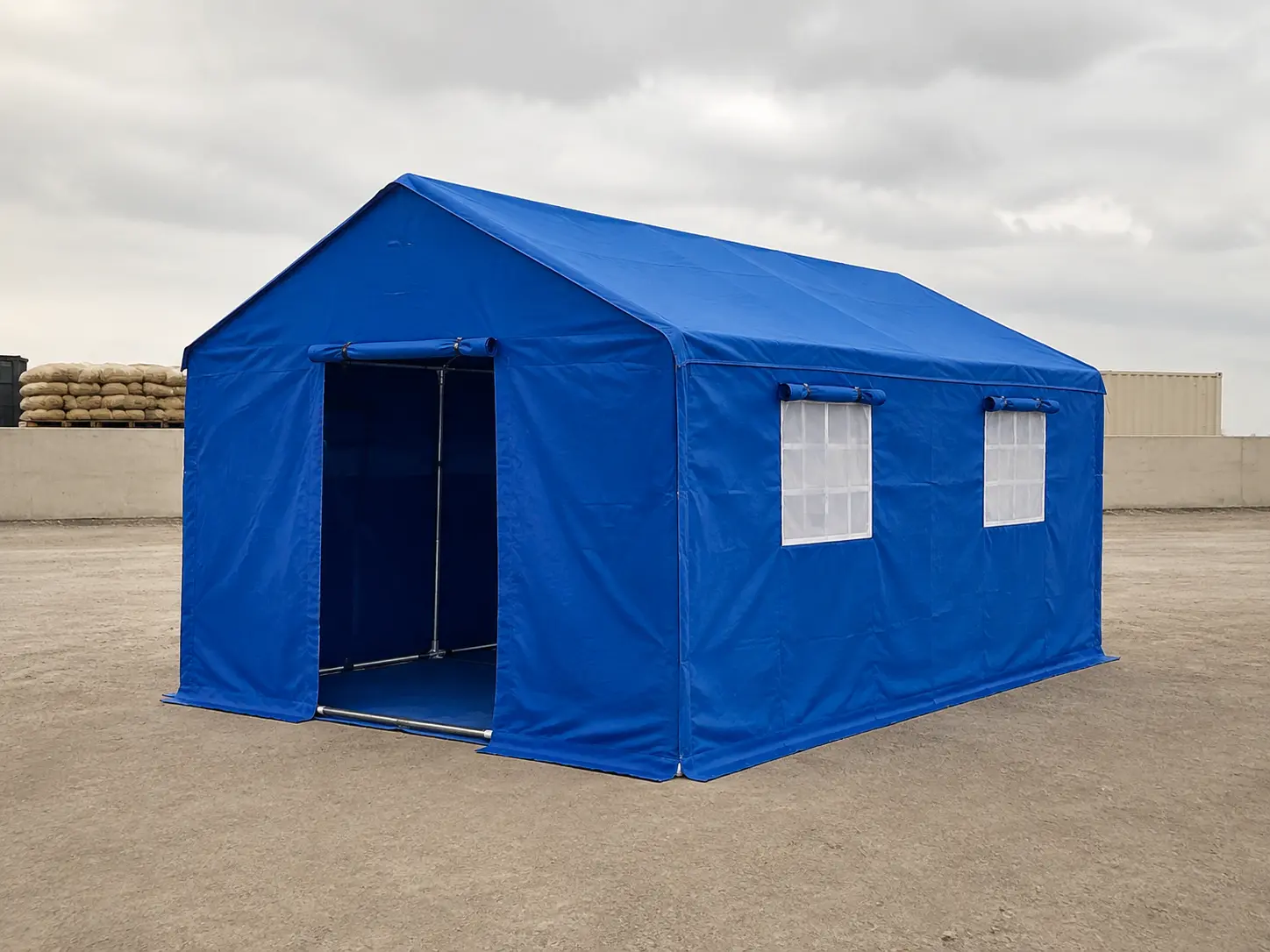Realistic blue disaster relief shelter tent with waterproof Oxford walls and clear windows