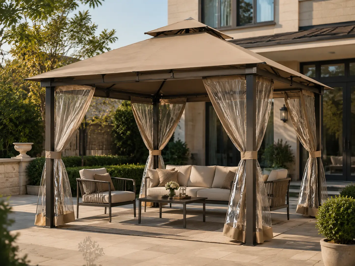 Realistic khaki double-tier garden gazebo with transparent sidewalls in a landscaped courtyard