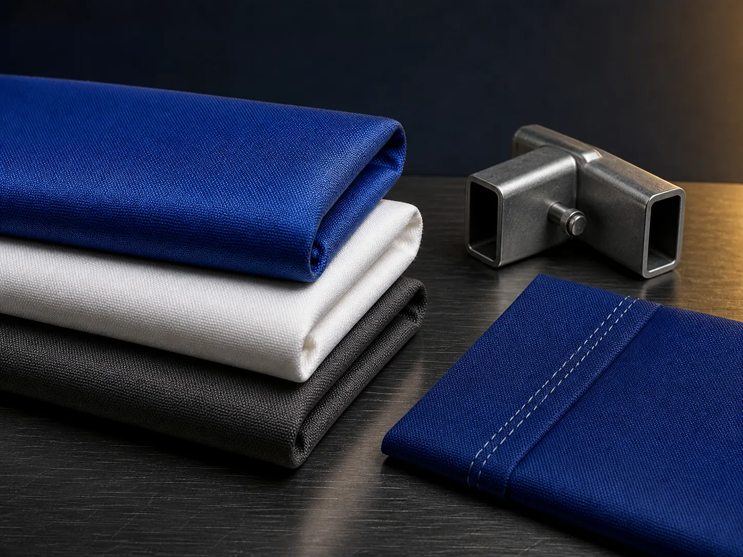 Folded blue, white and charcoal canopy fabric samples beside a metal frame connector and stitched panel detail.