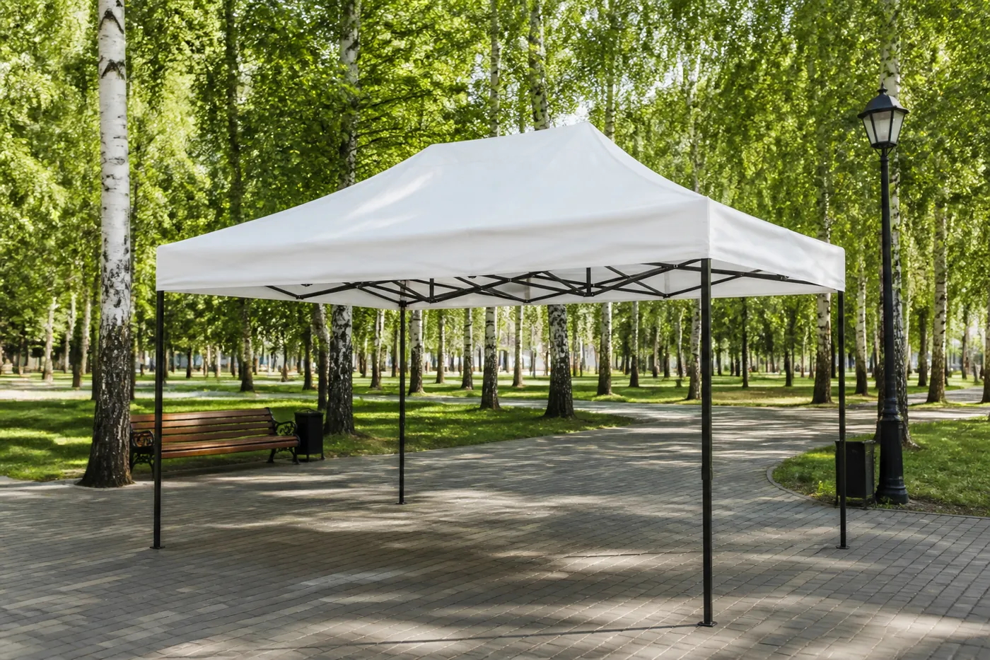 White square pop-up canopy on a paved park path among birch trees, with a bench and lamp post nearby.