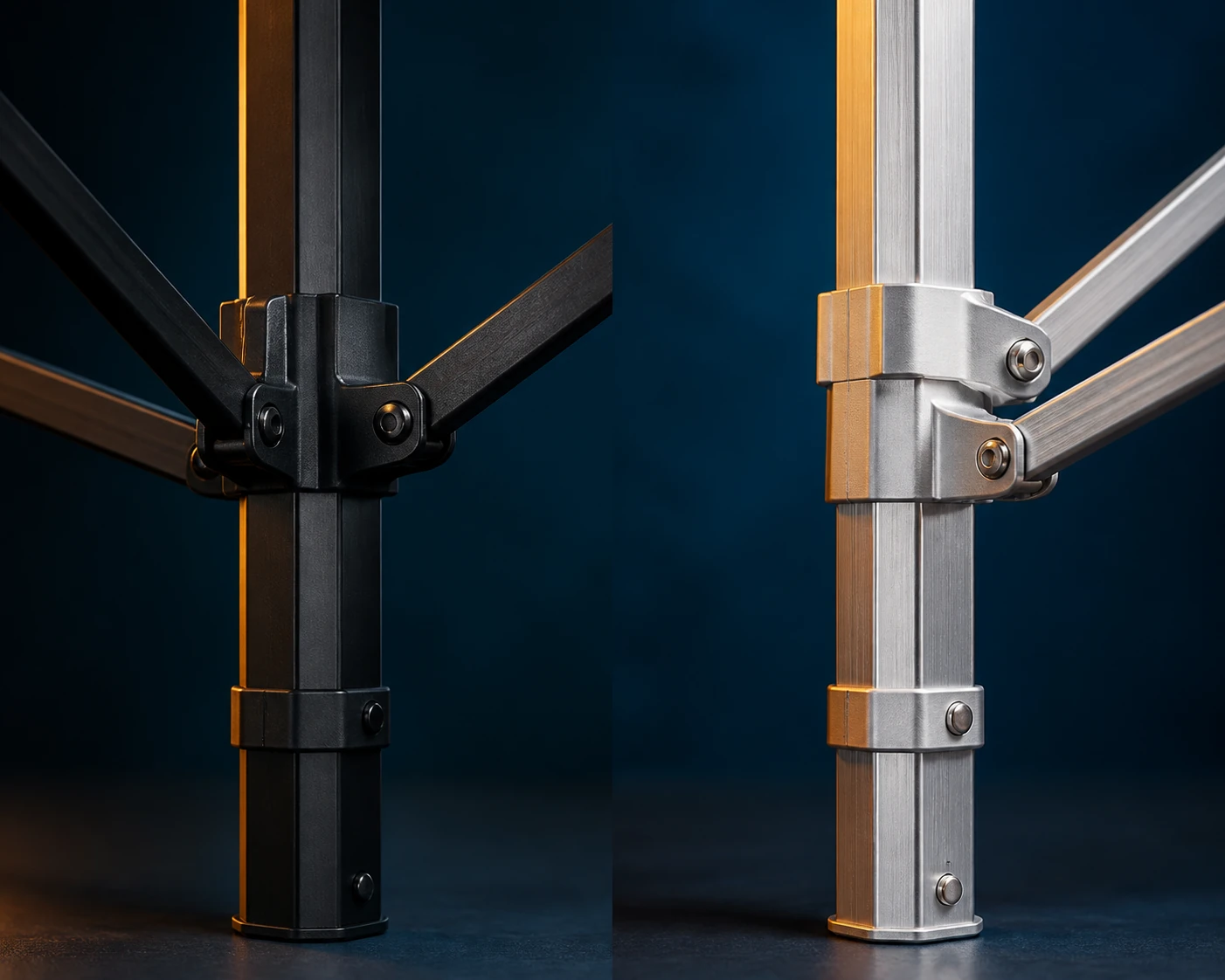Matte-black steel and brushed aluminum pop-up canopy frame joints shown side by side in a studio.